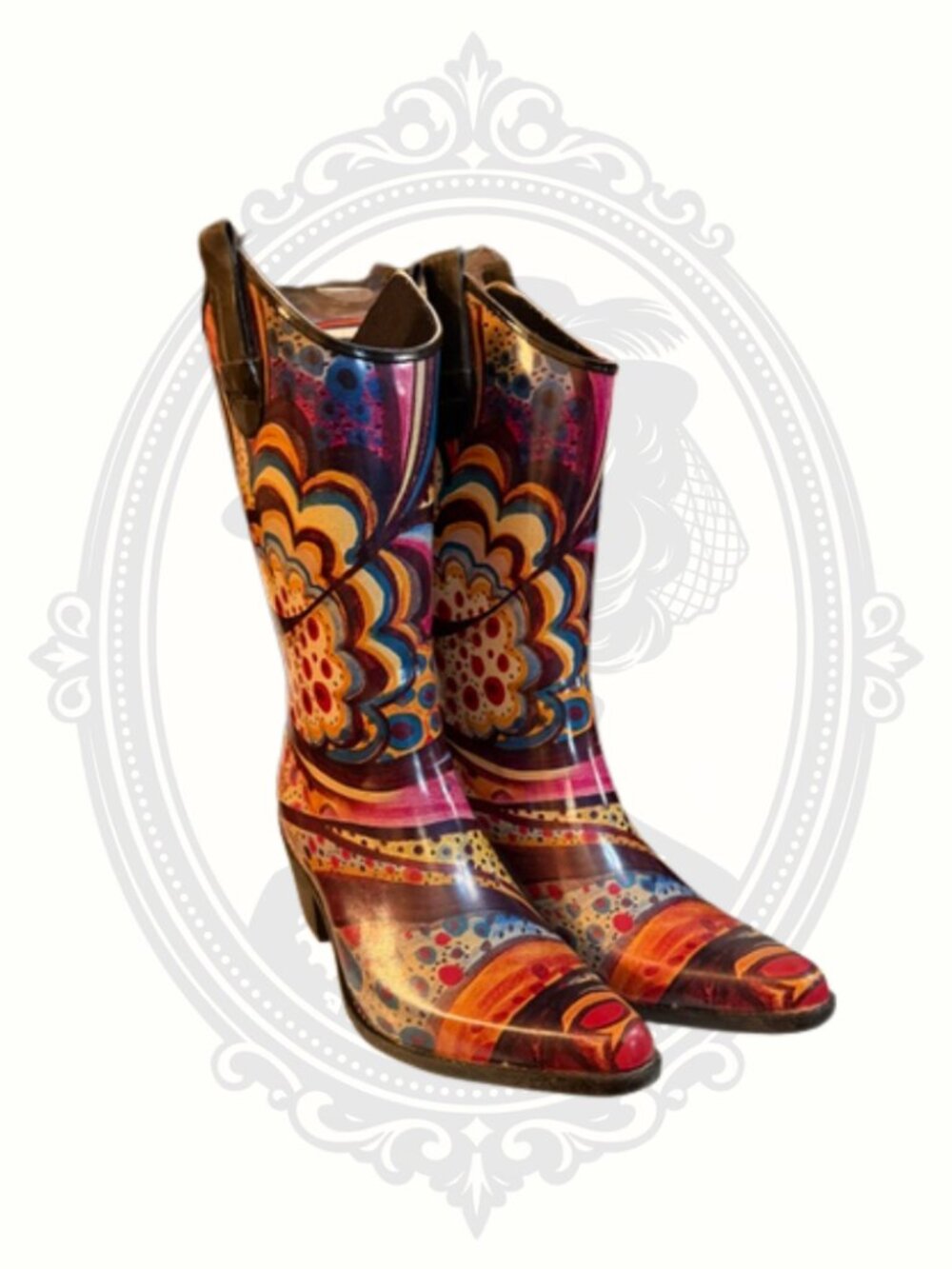 Madeline Colorful Western Rain Boots Psychedelic Print Mid Calf Festival Stateme - Picture 2 of 6